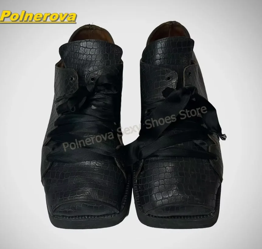 Vintage Black Croc-Effect Platform Boots Women Square Toe Lace Up Thick Sole Gothic Dark Street Style Footwear 2026 New Arrivals