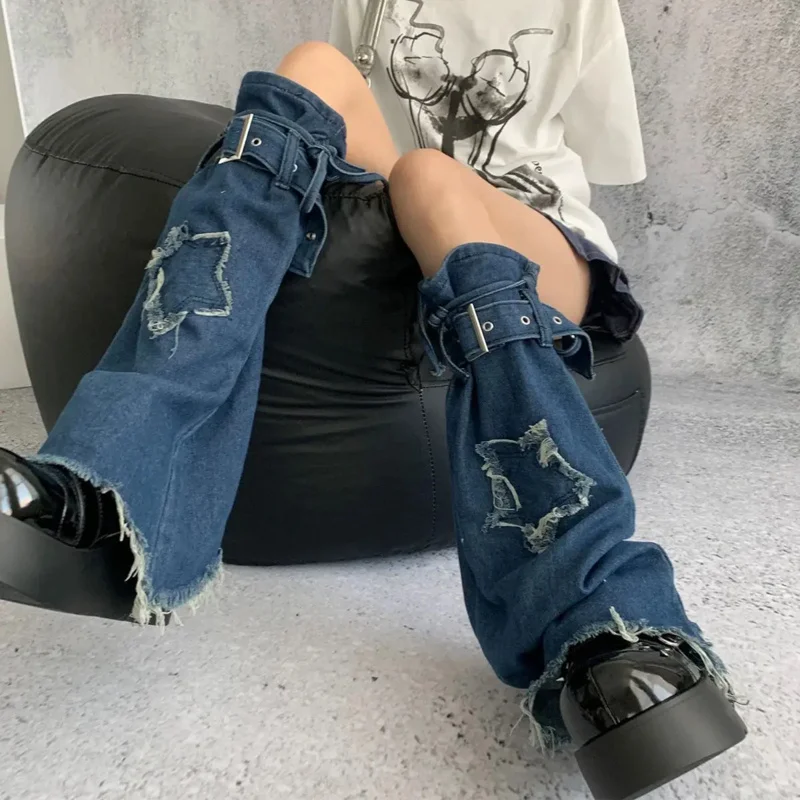 Denim Leg Warmers Y2K Blue Vintage Edge Grunge Punk Lace Up Socks Women's Autumn Socks Cover Accessories