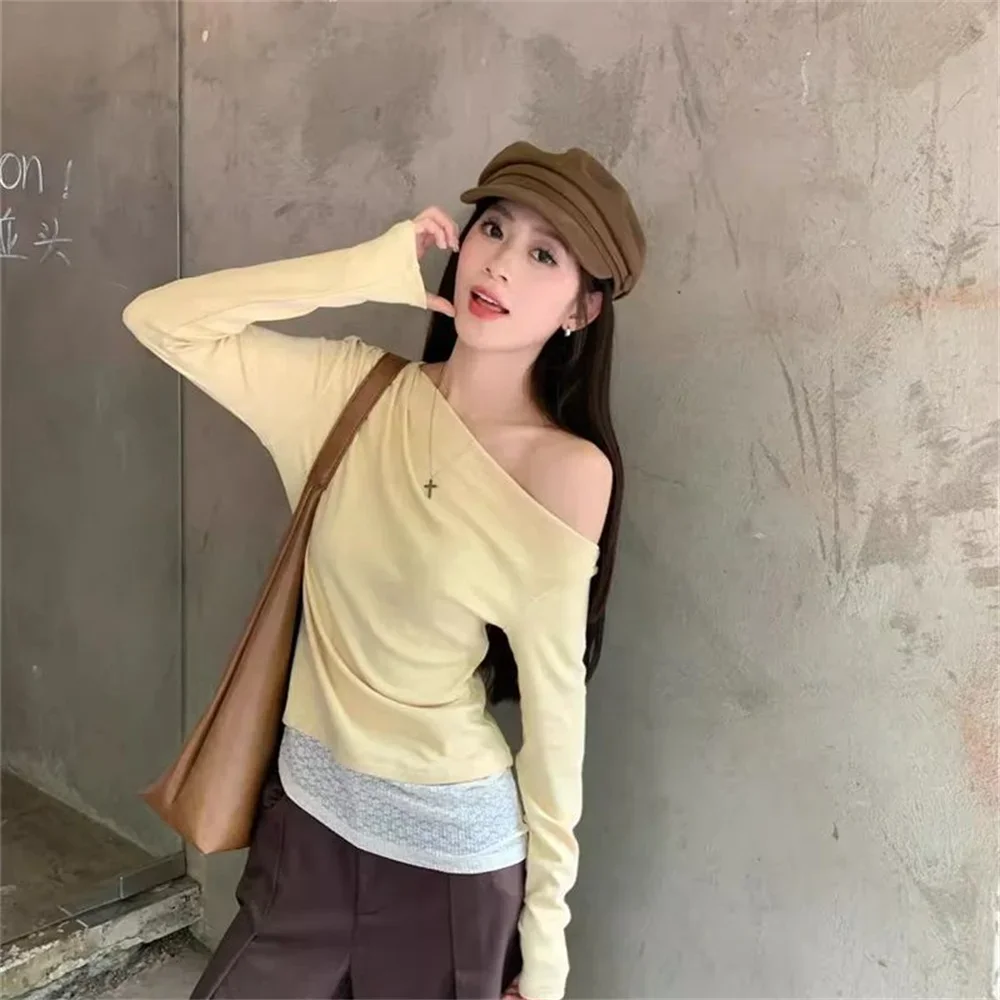 Желтые кружевные футболки, женские футболки из двух предметов с длинными рукавами, ранняя осень, модный дизайн, винтажная футболка из модала, женские топы