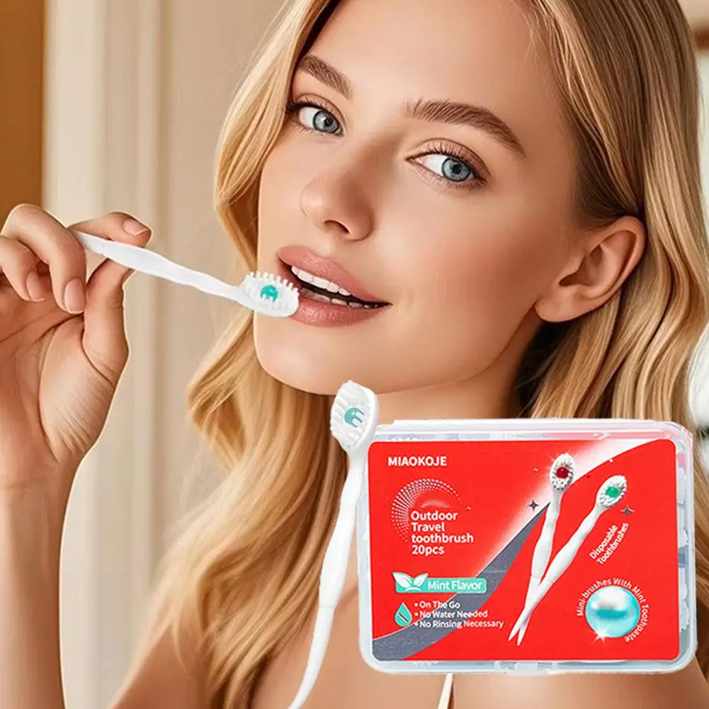 20pcs Disposable Mini Toothbrush With Mint Freshening Bead No Rinse Required Portable Travel Prepasted Toothbrush Toothpick