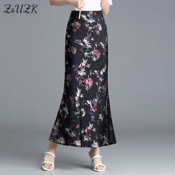 ZUZK Summer Satin Printing Bodycon Skirt High Waist Slim Women Long Elegant Pencil Skirts 2 Colors