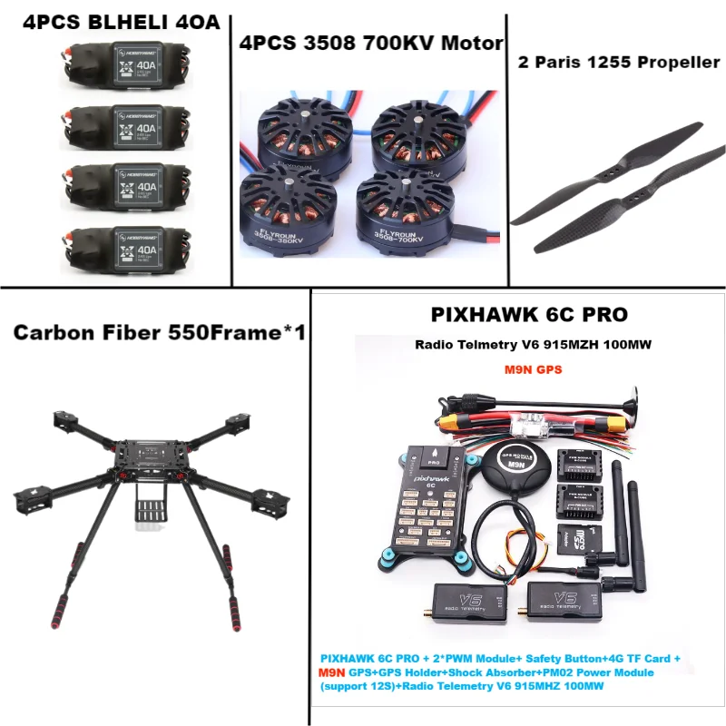 Rctosk-無線テレメトリクワッドコプター,550ヘキサフレーム,pixhawk,6c pro,m8n,m9n,m10コントロール,40a,3508,700kvモーター,esc