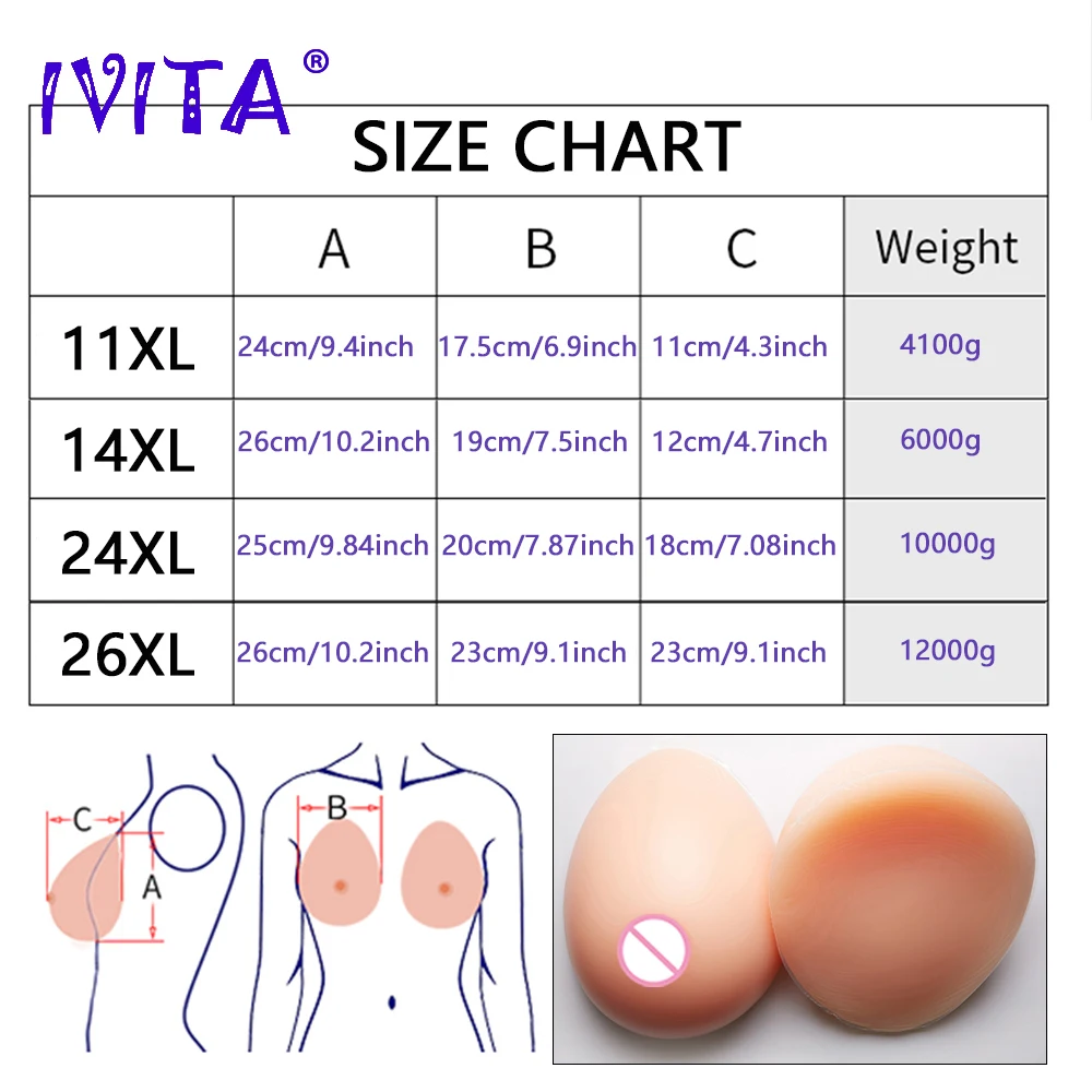 IVITA 100% Full Silicone Breast Forms Realistic Silicone Fake Chest 4 Sizes Choices Boobs for Crossdresser Transgender Shemale