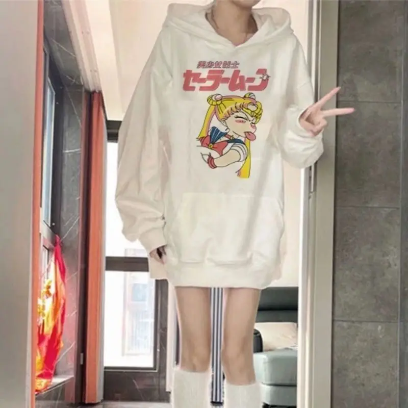 NASAOVER Sailor Moon Sweter Bertudung Lengan Panjang Mantel Atasan Kartun Longgar Wanita, Sweter Longgar Berkerudung Pria dan Wanita