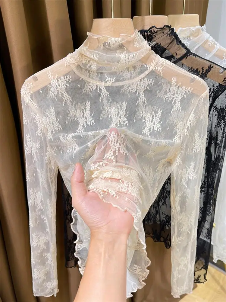 

Осенне-зимний женский тонкий свитер с высоким воротником и кружевной отделкой, с длинным рукавом, новинка 2025 года, с ажурным цветочным узором, для ношения под одеждой