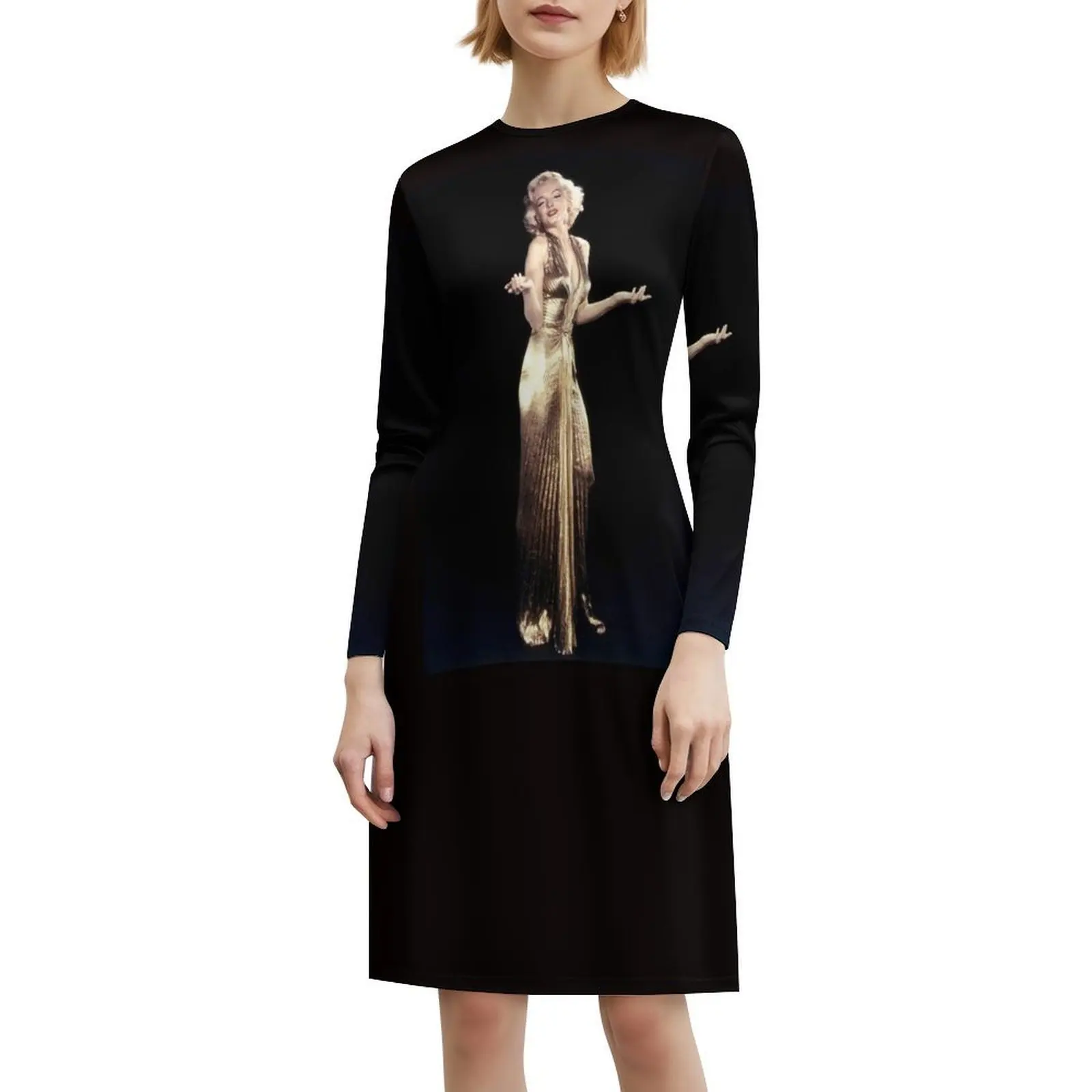 مارلين مونرو: فستان لامي ذهبي مطبوع على الطراز الكوري فستان كاجوال للنساء فساتين مكتب يومية بسيطة للسيدات مارلين #6