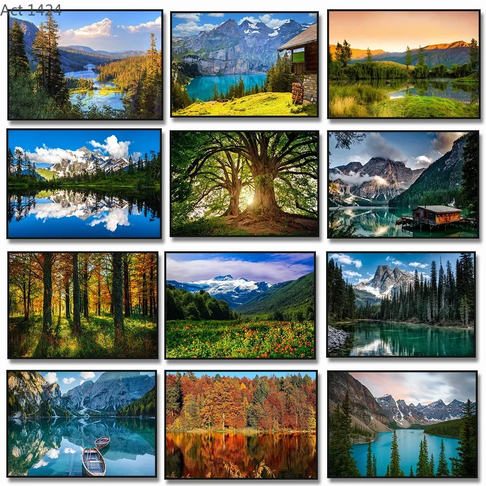 Nature Landscape Forest Mountain Lake Boat Waterfall Tree Poster Canvas Painting Wall Art Pictures Nordic Mural Home Decor Gi