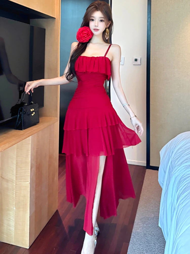 Frauen Rot Elegante Rüschen Sexy Sling Langes Kleid Sommer Mode Luxus Gala Kleid 2025, Koreanische Vintage Bodycon Festival Prom Kleid