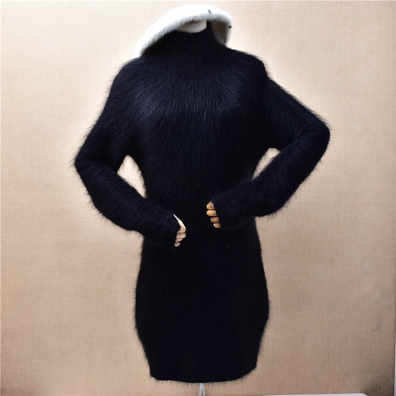 

Ladies Women Autumn Winter Clothing Black Hairy Mink Cashmere Knitted Turtleneck Long Sleeve Slim Long Sweater Jumper Dress Pull