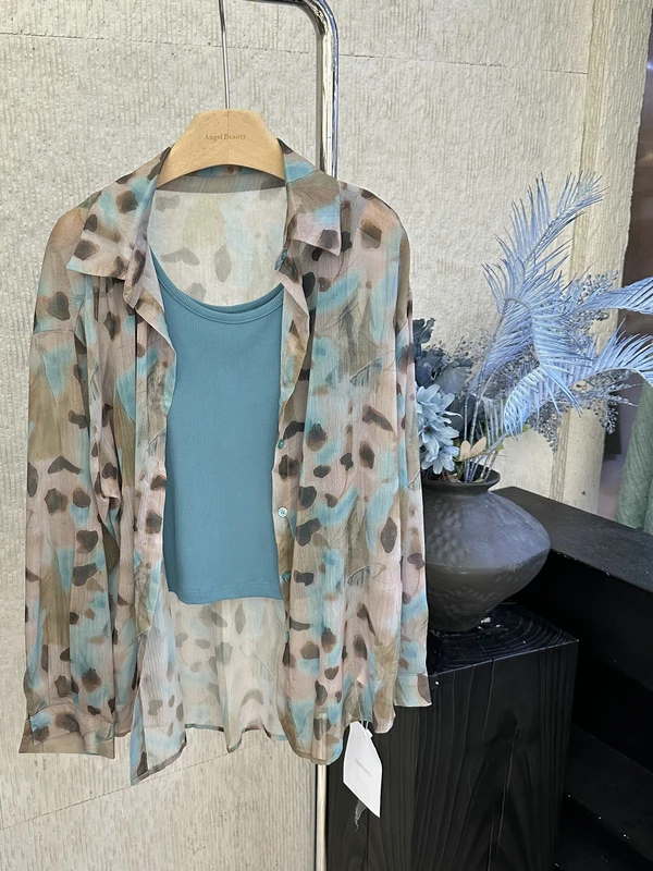 

100% Lyocell Summer Atmosphere Women's Shirt Set Dye Diffusion Leopard Print Sunscreen Long Sleeve Casual Style Straight Cut
