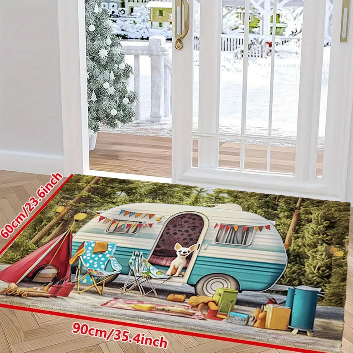 Retro Vintage Boho Caravan Camping Doormat Outdoor Porch Entrance Mat Cute Cottagecore Style Dog Puppy Travel Rug