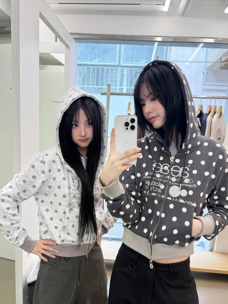 

Trendy Polka Dot Letter Embroidery Hooded Zipper Sweatirt Women's Small Size Spicy Casual ort Coat Korean Sle Long Sve
