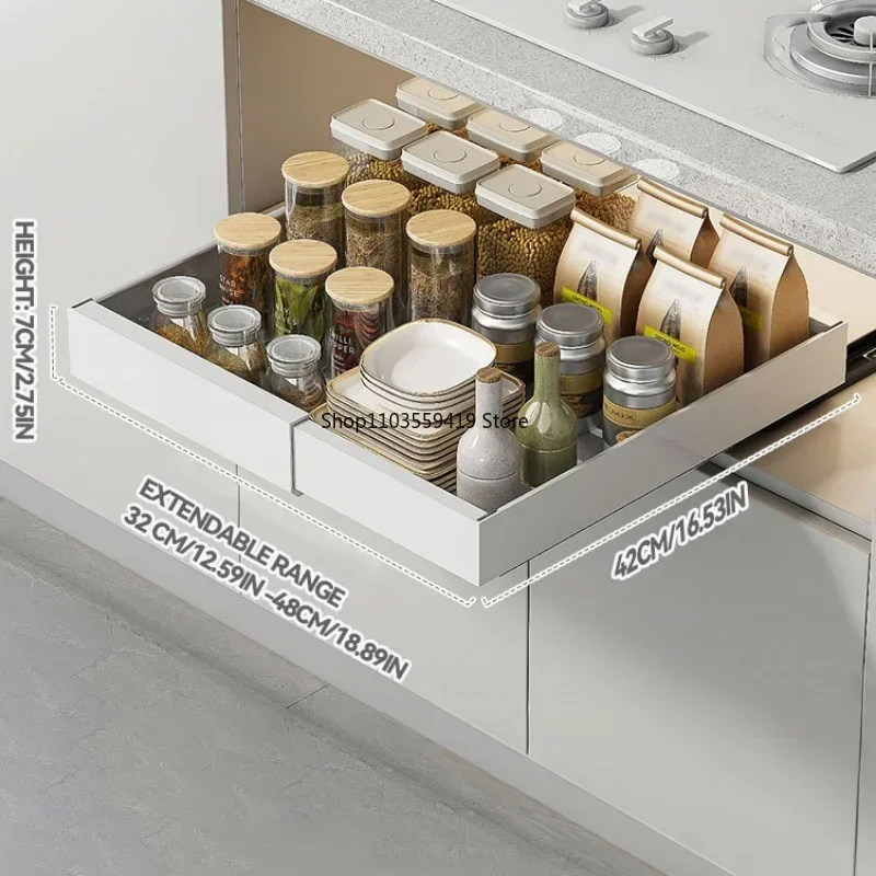 New Scalable Pull-out Kitchen Storage Rack with Slide Rails Drawer Type Storage Tray Spice Box Storage Rack Cabinets Organizer