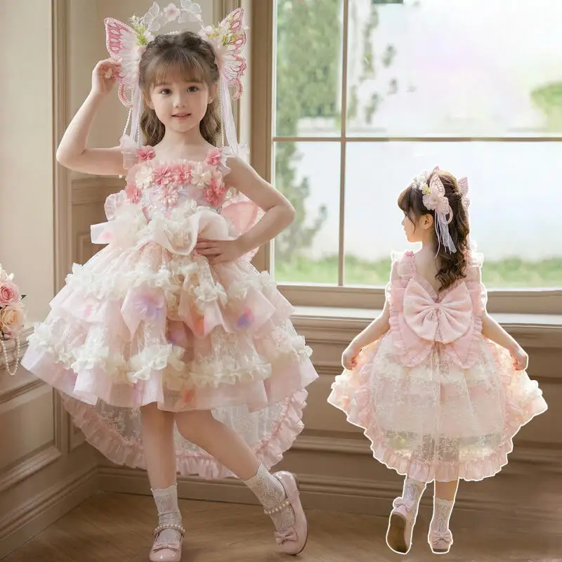Girl Princess Dress Children's Flower Fairy Birthday Mesh Dress Kids Lolita Dress with 3D Flower Embellishments Festival Gift