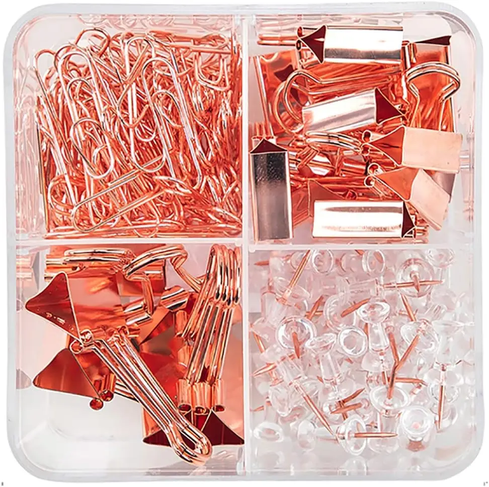 

Rose Gold Binder Clips, Paper Clips & Push Pins Set with Acrylic Box for Office School Home