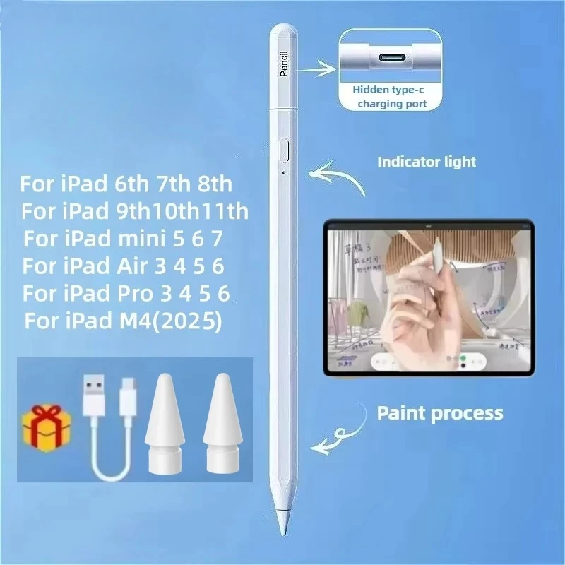 

2025 для iPad Pencil M4 Стилус для Air 6 M2 Pro M3 с защитой от наклона ладони для iPad Pro 11 12,9 13 7/8/9/10/11 мини 5 6 7