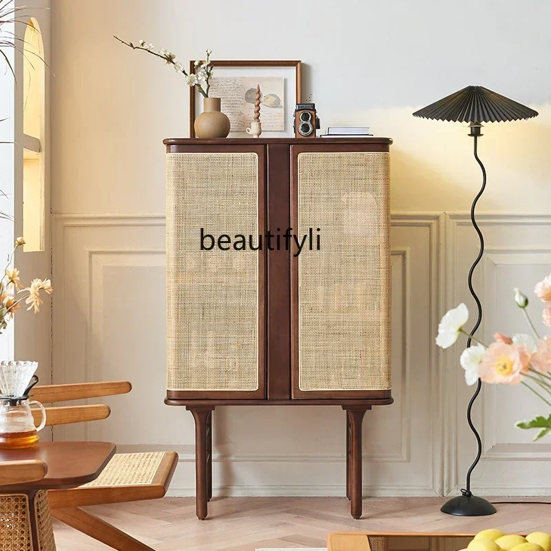 

07Solid Wood Clothes Closet Rattan Storage Cabinet Retro Domestic Hotel Restaurant Dining Side Wine Cabinet furniture