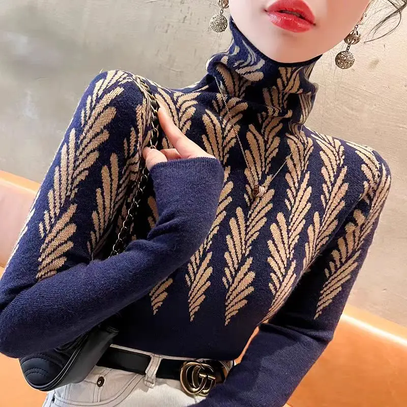 Women's Clothing Elegant Chic Plant Knit Sweaters Autumn Winter Fashion All-match Turtleneck Slim Pullovers Office Lady Tops