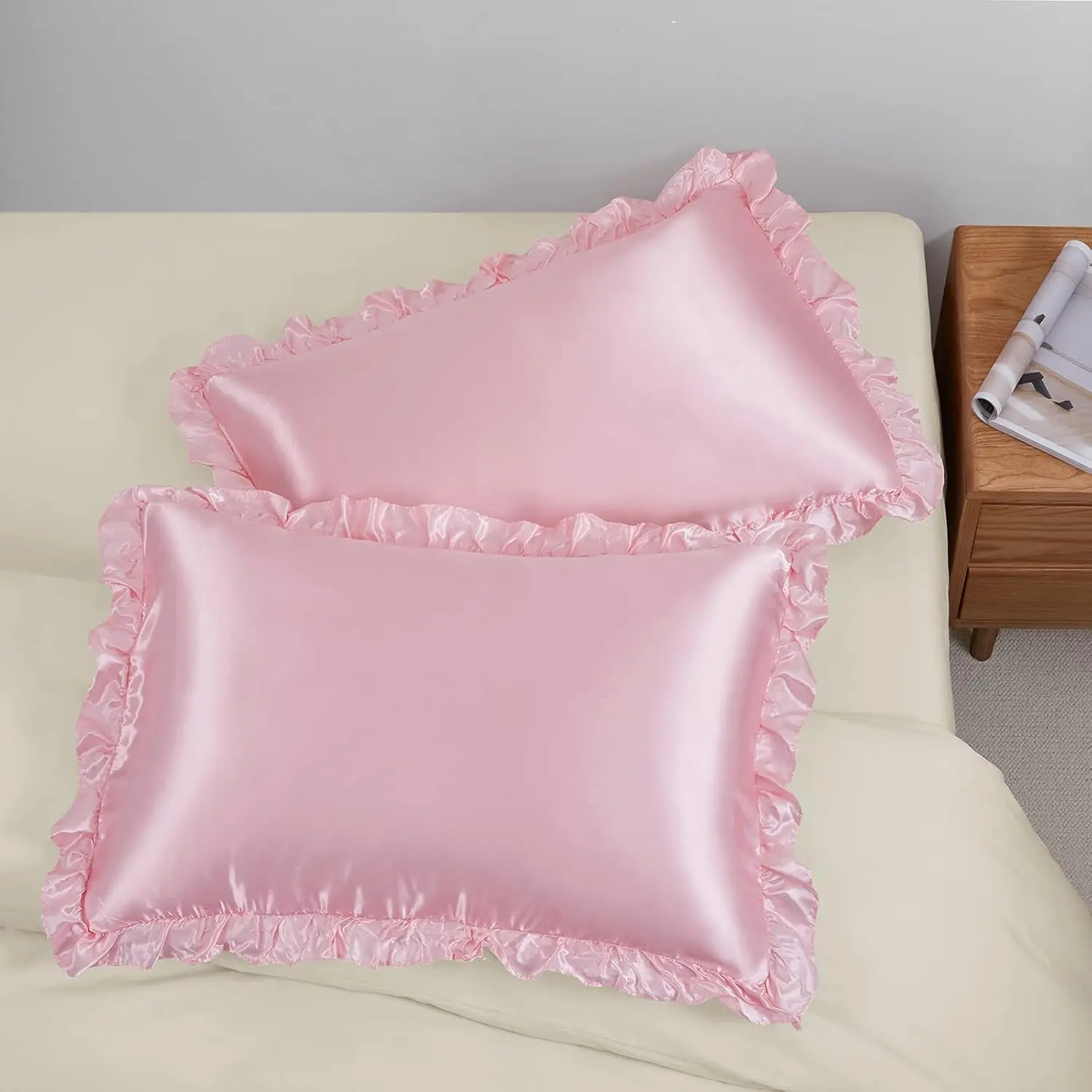 2 Stück Satin-Rüschenkissenbezüge für Haare und Haut, Einfarbige Seidenkissenbezüge mit Umschlagverschluss Prinzessinnen-Zimmer-Dekoration – Detail 3