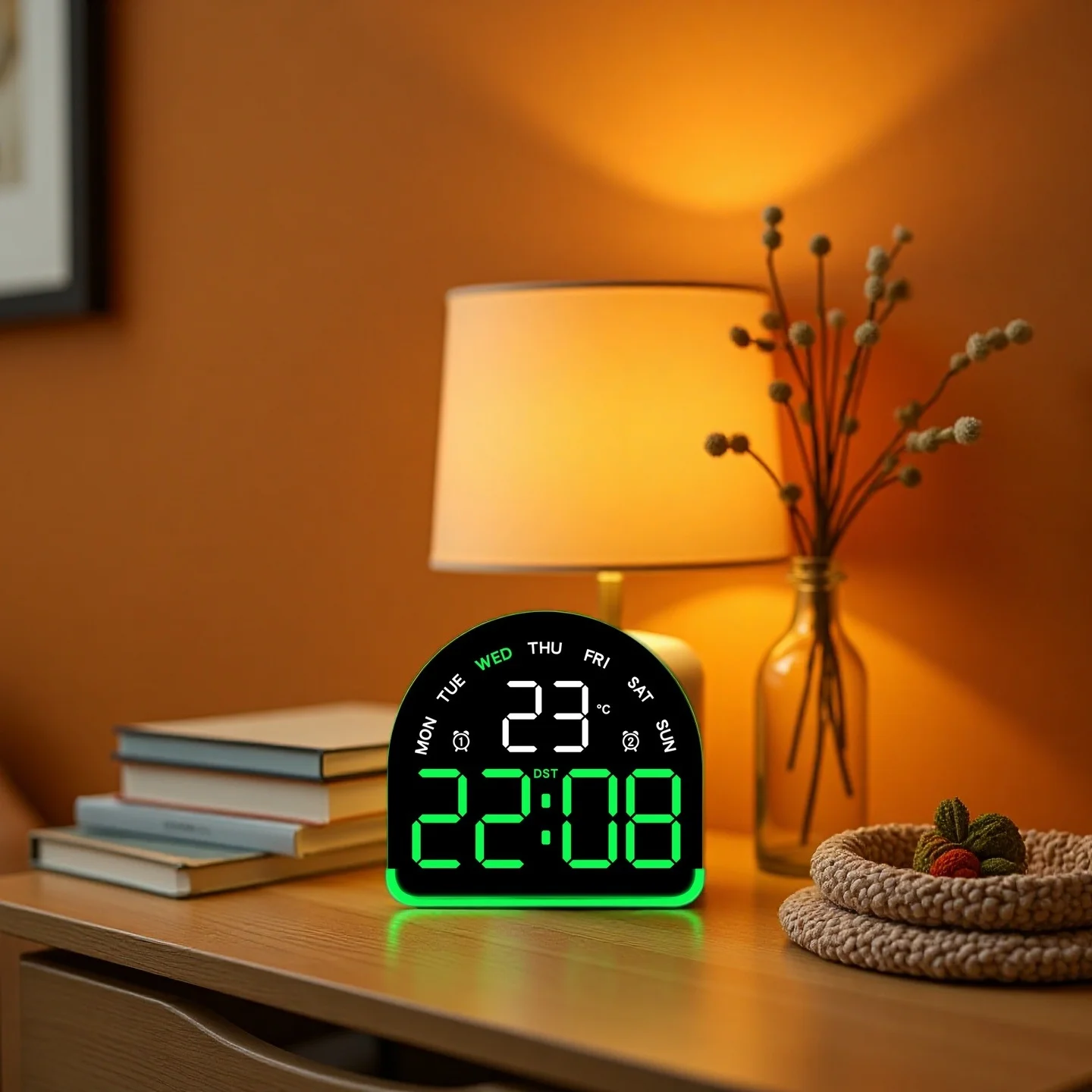 USB Powered Digital Alarm Clock with Mood Light TEMP Date Week 3-level Brightness Table Clock Auto Dimmable 12/24H LED Clock