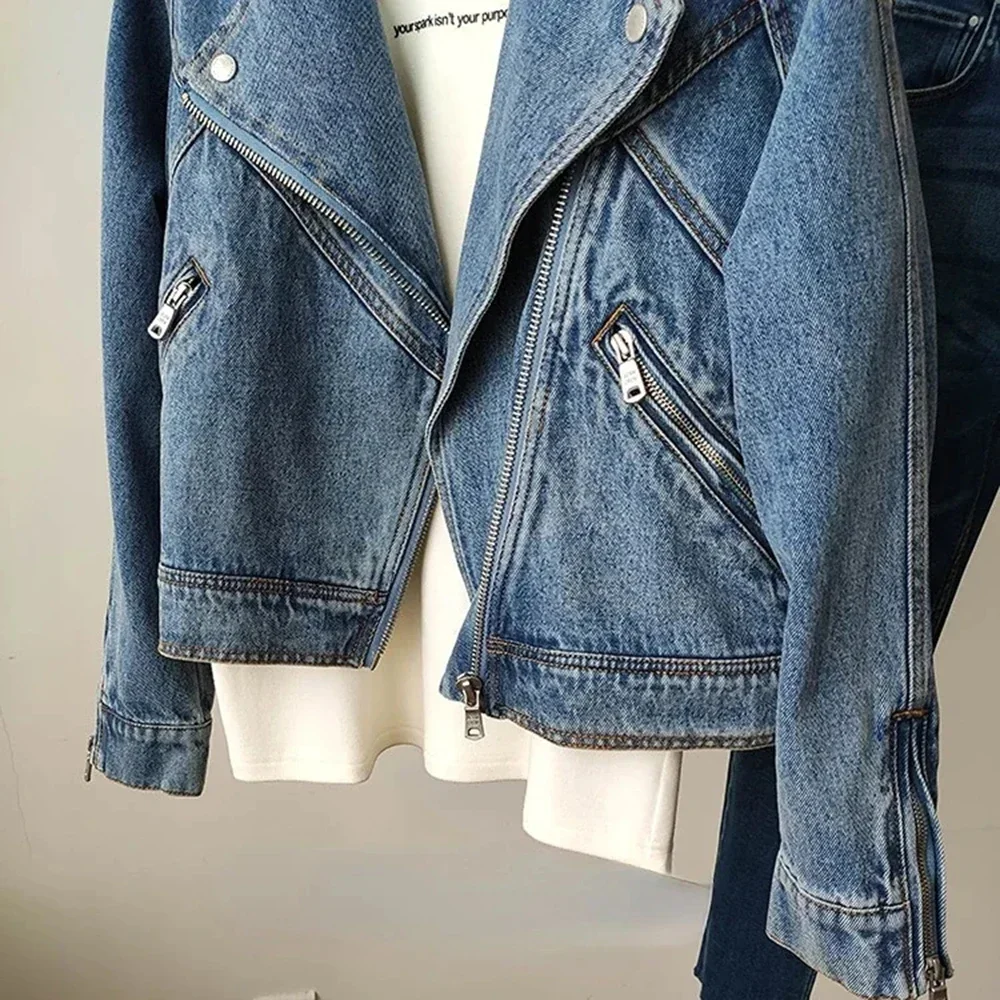 Aoaiiys giacche di jeans per donna moto colletto rovesciato irregolare cerniere capispalla solido autunno inverno cappotti di moda caldi