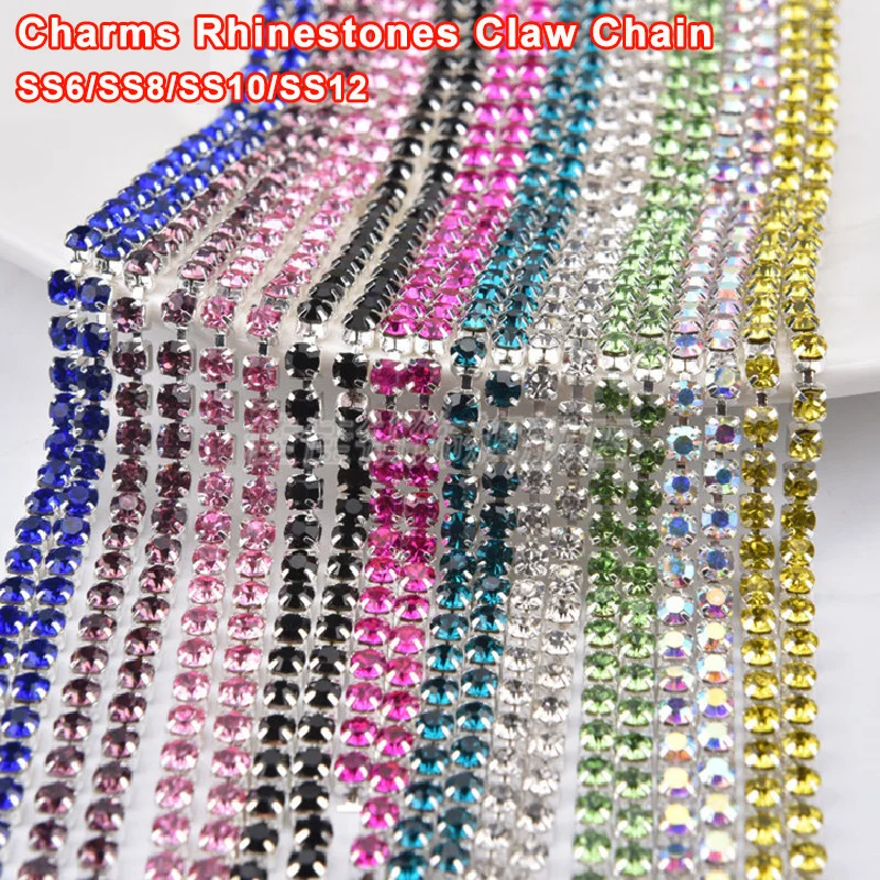 1M Rhinestones Claw Chain SS6-SS12 Crystal Glass Rhinestones Cup Chain Silver Flatback Rhinestone Sew On Trim DIY Jewelry Crafts