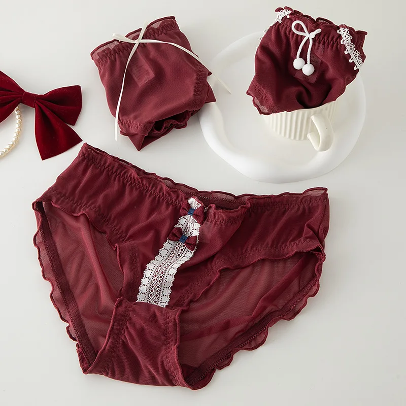 L-XL bielizna damska majtki Sexy majtki koronkowe dziewczyny Bowknot wino czerwone majtki Med talia bezszwowe kalesony bielizna damska