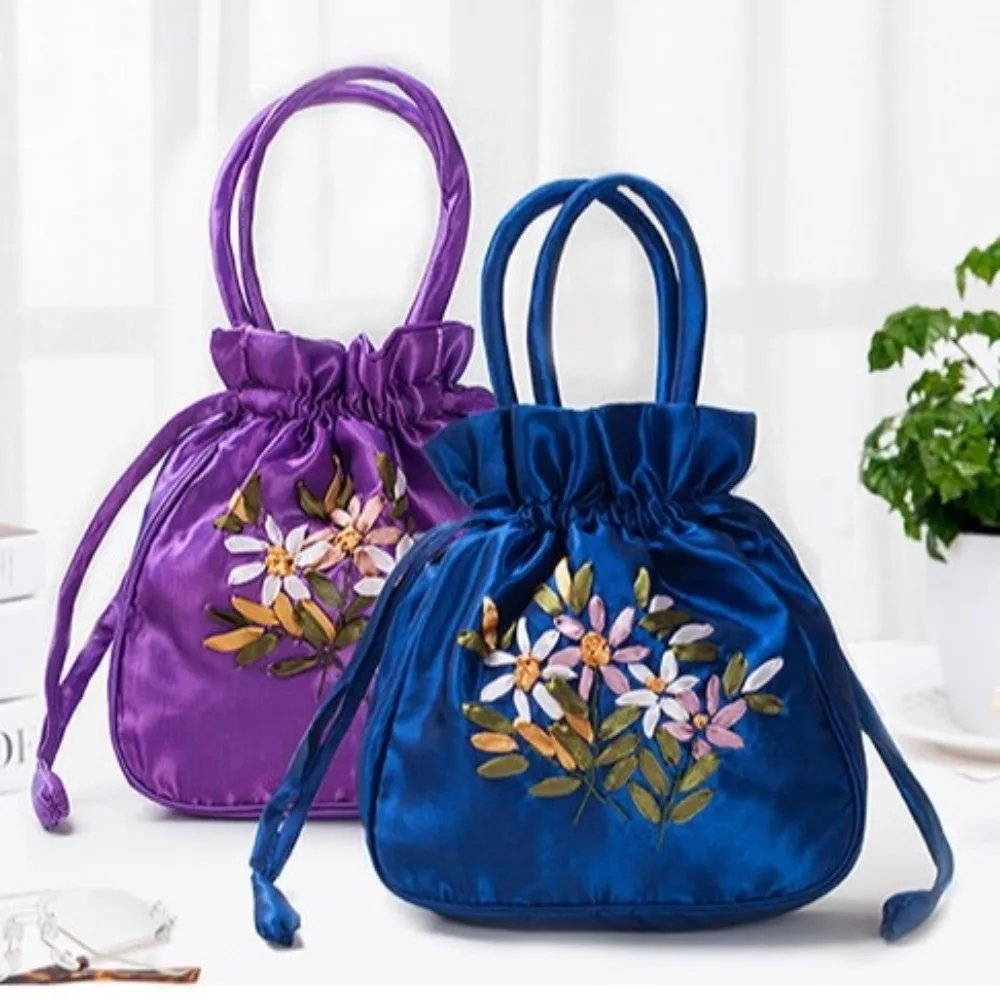 

Embroidered Flower Pattern Women Bucket Bag National Style Small Ladies Handbag Phone Bag Dacron Top Handle Bag