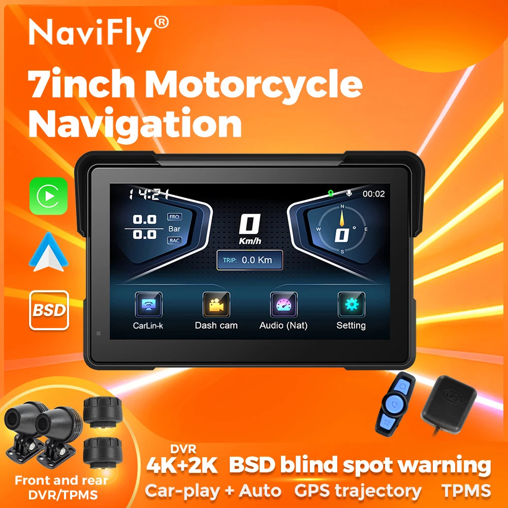 NaviFly 7 inch Motorcycle Navigation Wireless CarPlay Android Auto Moto Monitor Portable BSD Blind Spot Monitoring DVR TPMS