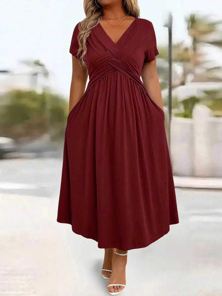 

Plus Size Casual Solid V-Neck Cinched Waist A-Line Midi Dress With Pockets For Summer