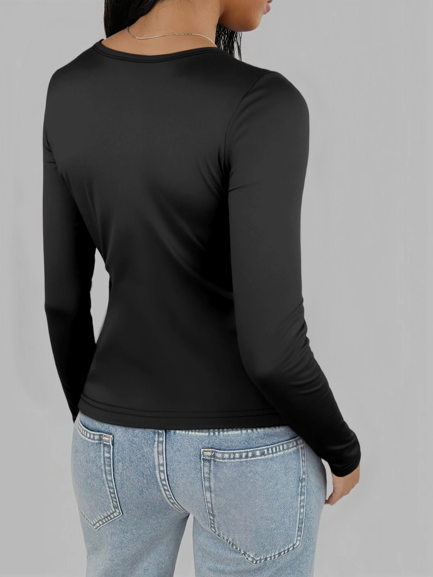 Minimalist U‑Neck Long Sleeve Blouse, Tailored Slim‑Fit Shirt for Office Meeting & City Daily Styling view 4