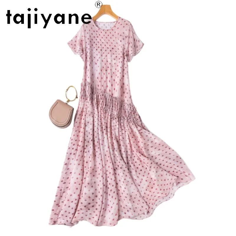 

TAJIYANE 100% Natural Mulberry Silk Dress Woman Summer 2025 Vacation Long Dresses Pink Polka Dots Frocks Ladies Clothes платье
