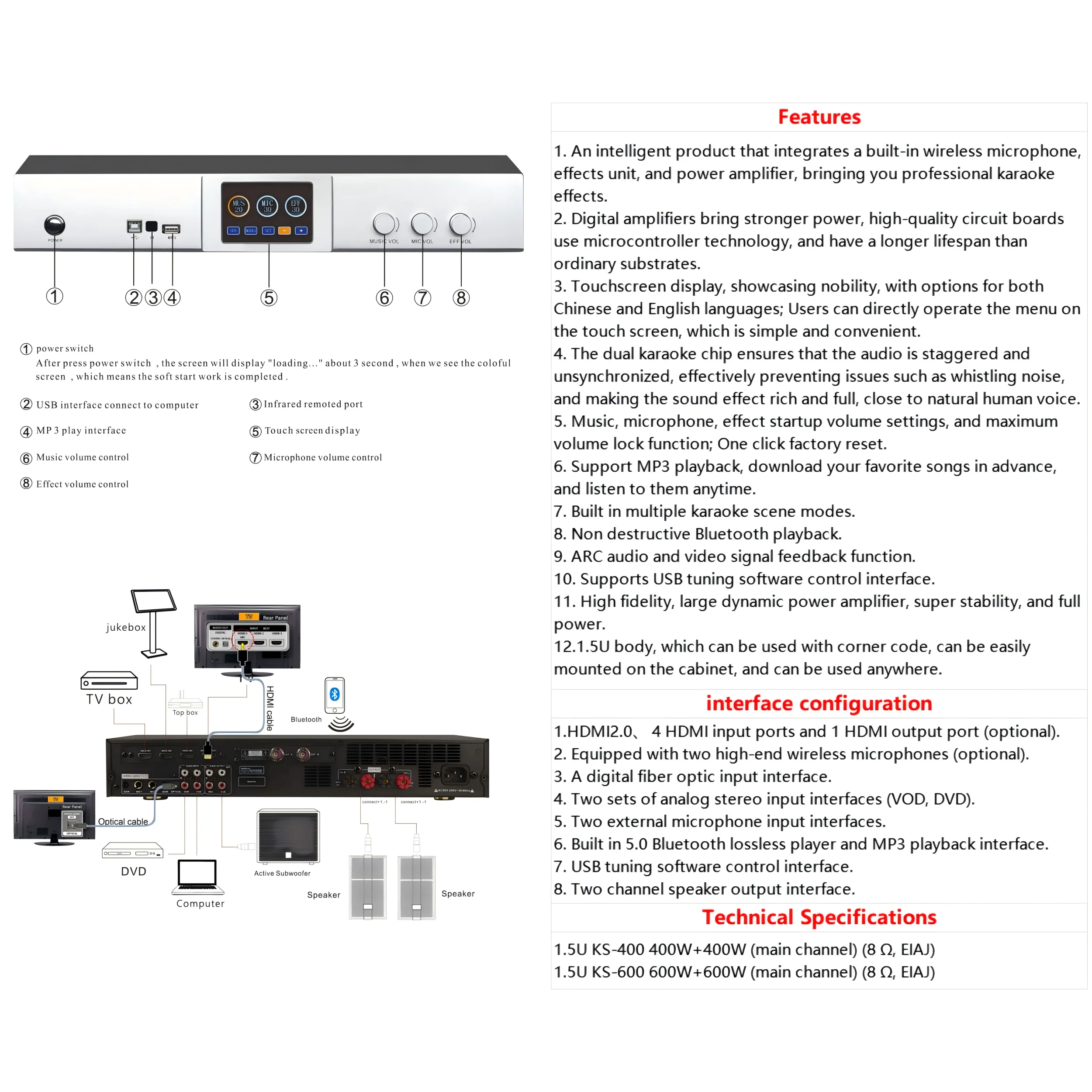 Professional Home DJ Amplifier Digital Audio System 3in1 Power UHF Karaoke Microphone Effect MP3 Class D Digital Music Sound