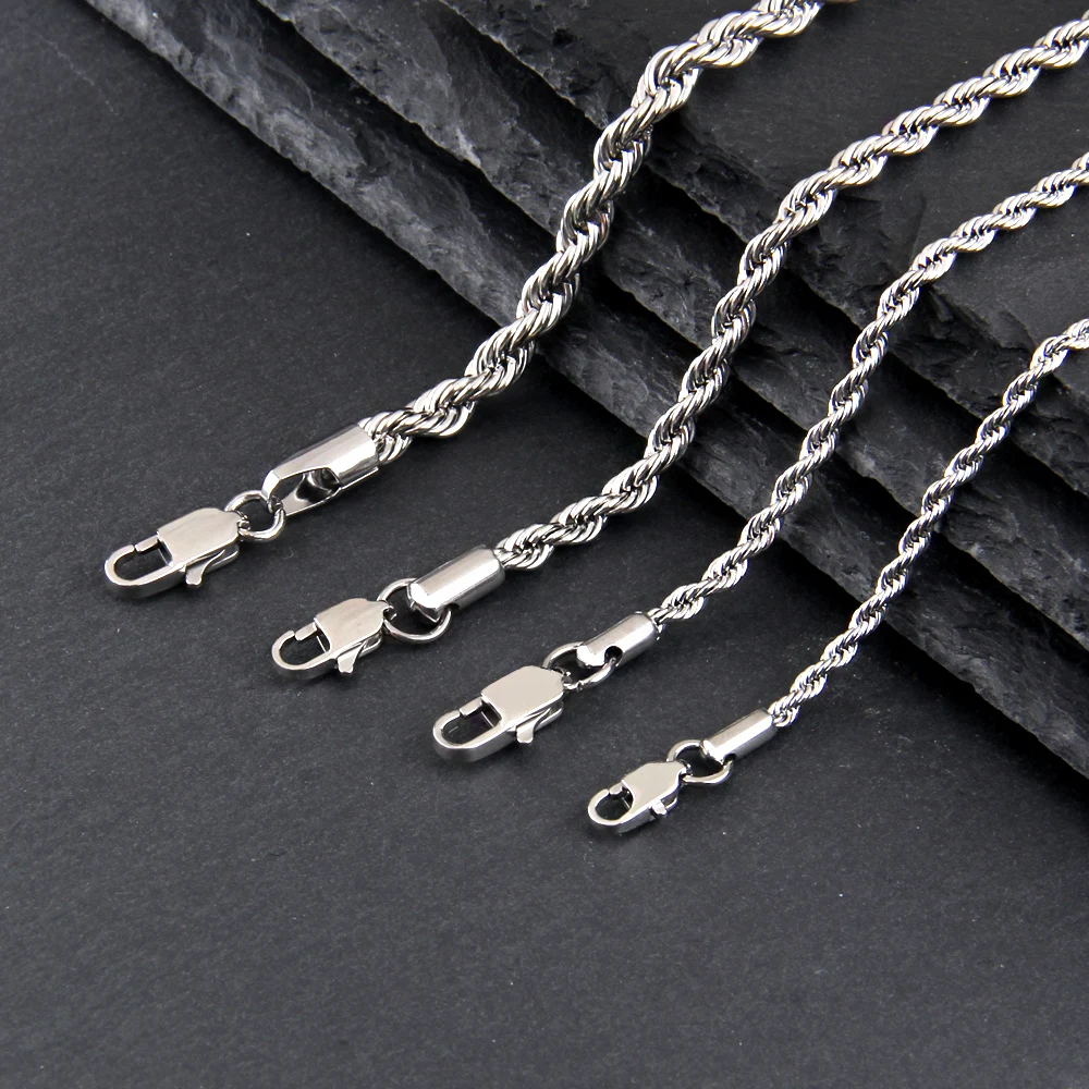 304 aço inoxidável torção corda corrente colar para homens mulheres pvd banhado a prata 2mm/2.5mm/3mm/4mm/5mm largura acessórios com caixa