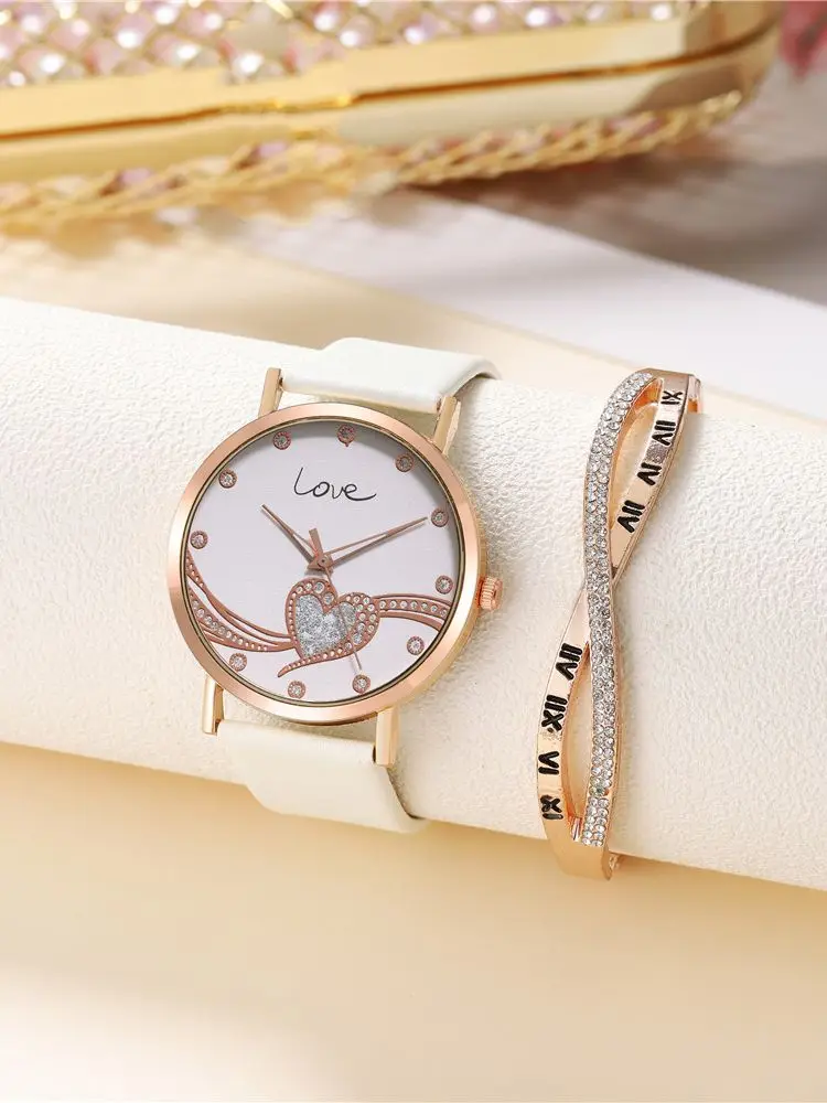 Women\'s Fashion Simple Belt Watch Sweet Romantic LOVE Rhinestone Quartz Casual Belt Watch