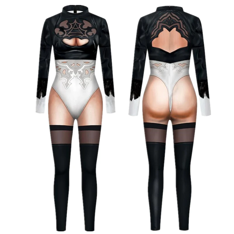 IOOTIANY gra Nier automaty 2B seksowne kombinezon Slim kostiumy Cosplay Cosplay kobiety body przebranie Halloween 2023