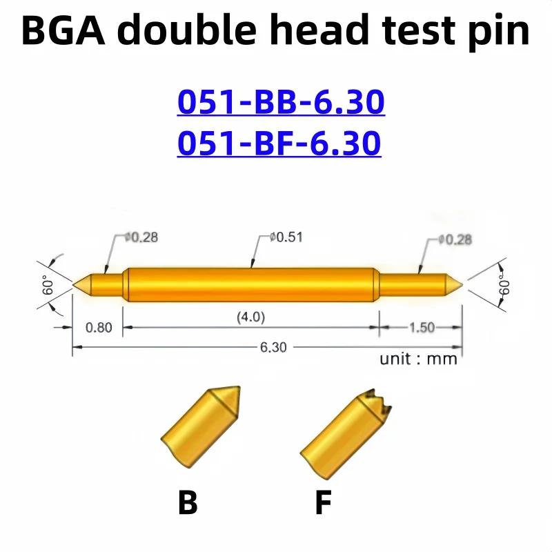 100pcs Double-ended Test Needle Test Probe BGA Semiconductor Probe 051-BB-6.30 Two-ended Telescopic Spring Test Pin 6.3 Pogo Pin