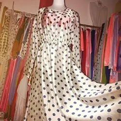 Glossy Polka Dot Ultra Thin See Through Women Satin Long Sleeve Long Dress Loose Ruffles Sleeping Robe