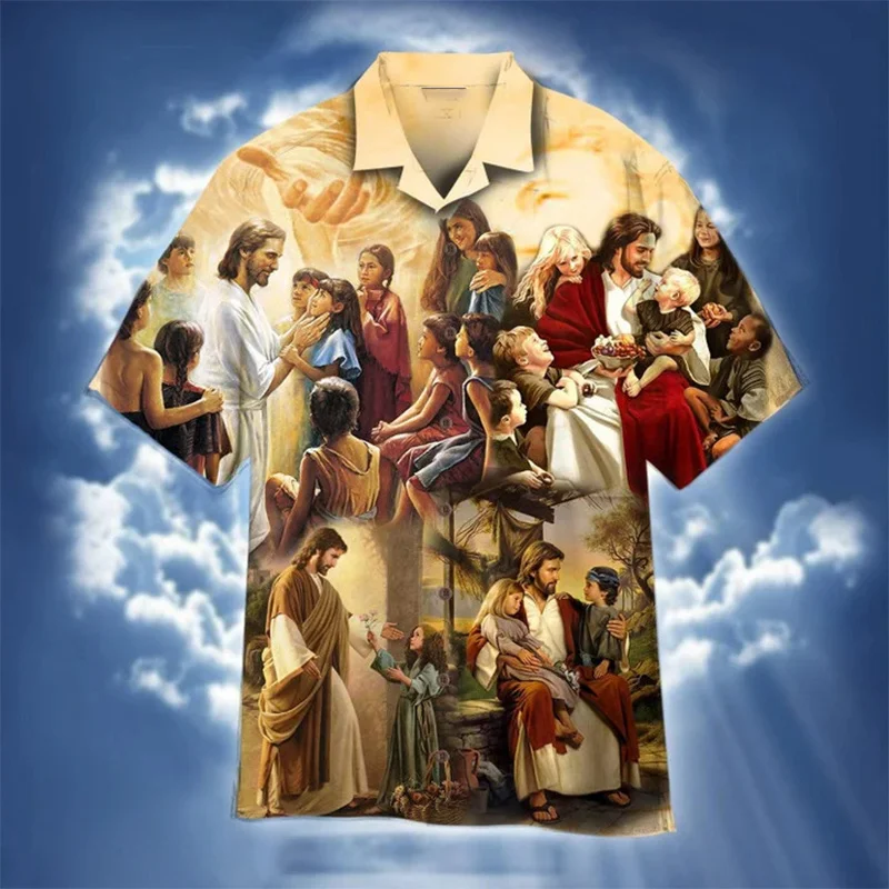 New Summer 3D Christian Jesus Print Shirts Children Fashion Streetwear Shirts Blouses Men Hawaiian Shirts Cool Vintage Clothing