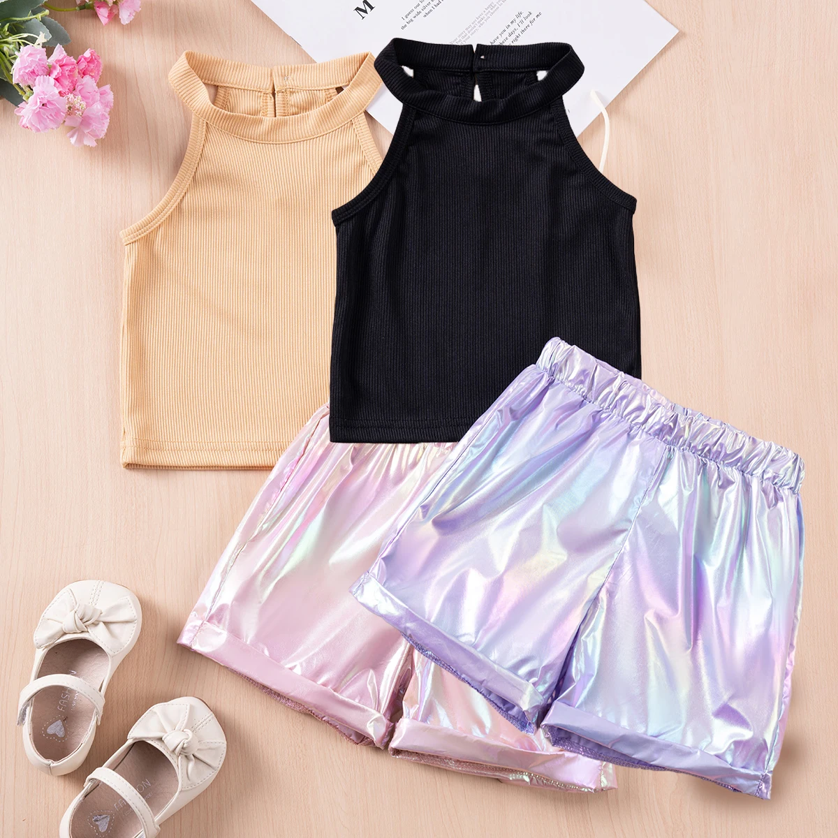 

Summer Girls Sleeveless Set Fashion Children's Clothing Pullover Two Piece Solid Color Short Sleeve Top + Dazzle Color Shorts