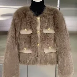 Faux Fur Plush Short Jacket for Women, Loose Full Sleeve, Fancy Coat, Female Outwears, PU Leather, Autumn, Winter, New, 2024