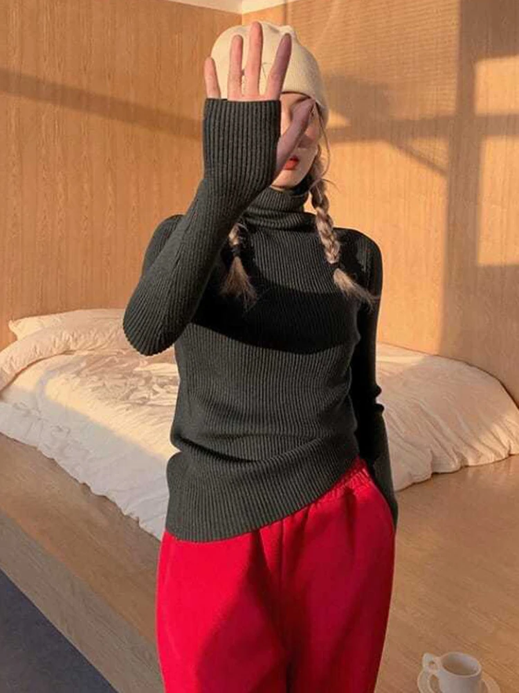 Knitted Sweater Women Korean Version Turtleneck Sweater Winter Solid Color Pullover Slimming Interior Lapping Warm Basic Tops