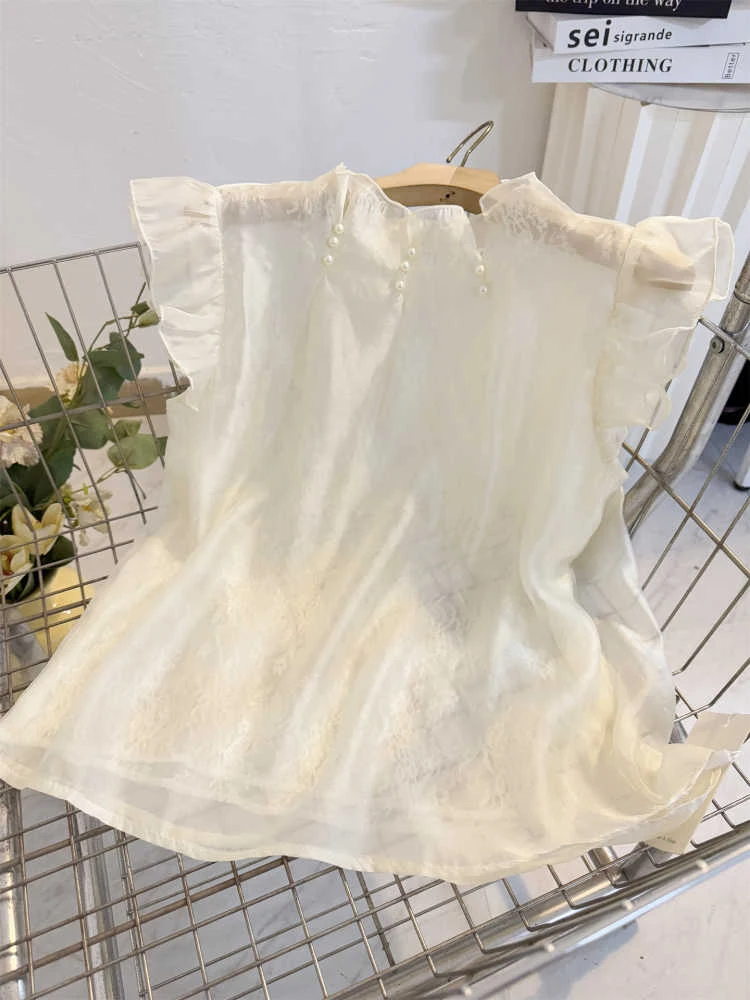 Summer French Temperament Nail Bead Stand Collar Flying Sleeve Chiffon Shirt Women\'s New Fashionable Short Sleeved Top S610