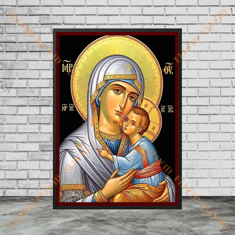 1pc Frameless Virgin Mary & Jesus Canvas Wall Art Decor, Traditional Orthodox Icon Canvas Painting,Theotokos & Christ Child Art