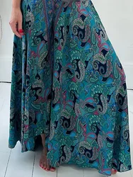 2025 Summer Women Elastic Waist Pleated Casual Pants Vintage Printing Ladies Wide Leg Long Trousers Streetwear Femme Loose Pants