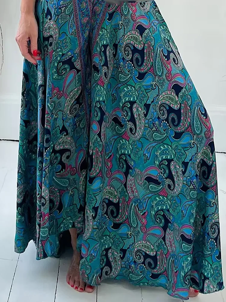 2025 Summer Women Elastic Waist Pleated Casual Pants Vintage Printing Ladies Wide Leg Long Trousers Streetwear Femme Loose Pants