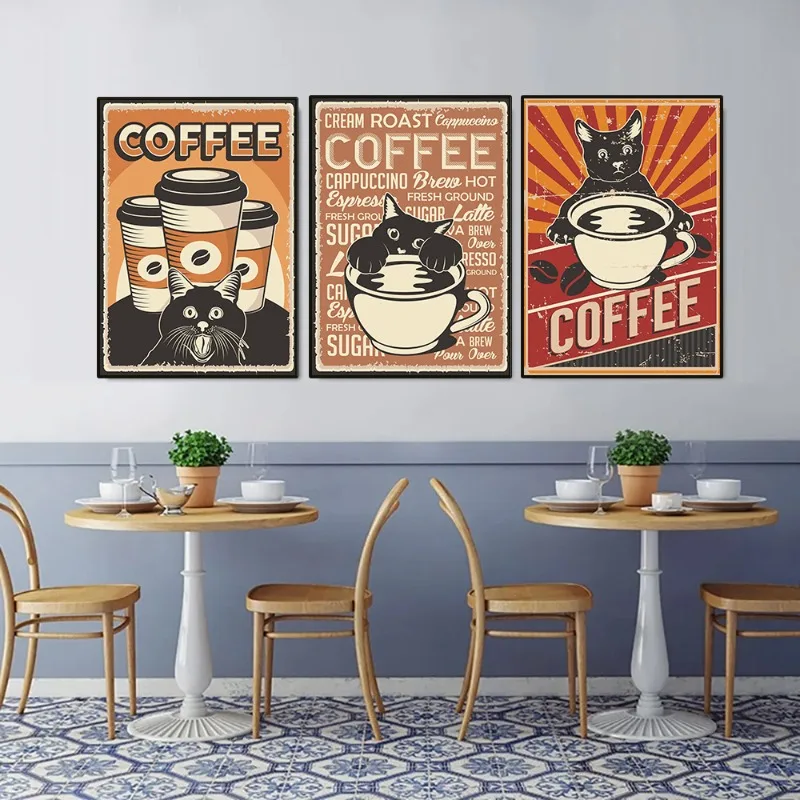 Vintage Coffee and Cat Poster Coffee Addict Cat Lover Funny Canvas Painting Wall Art Picture for Cafe Living Room Home Decor