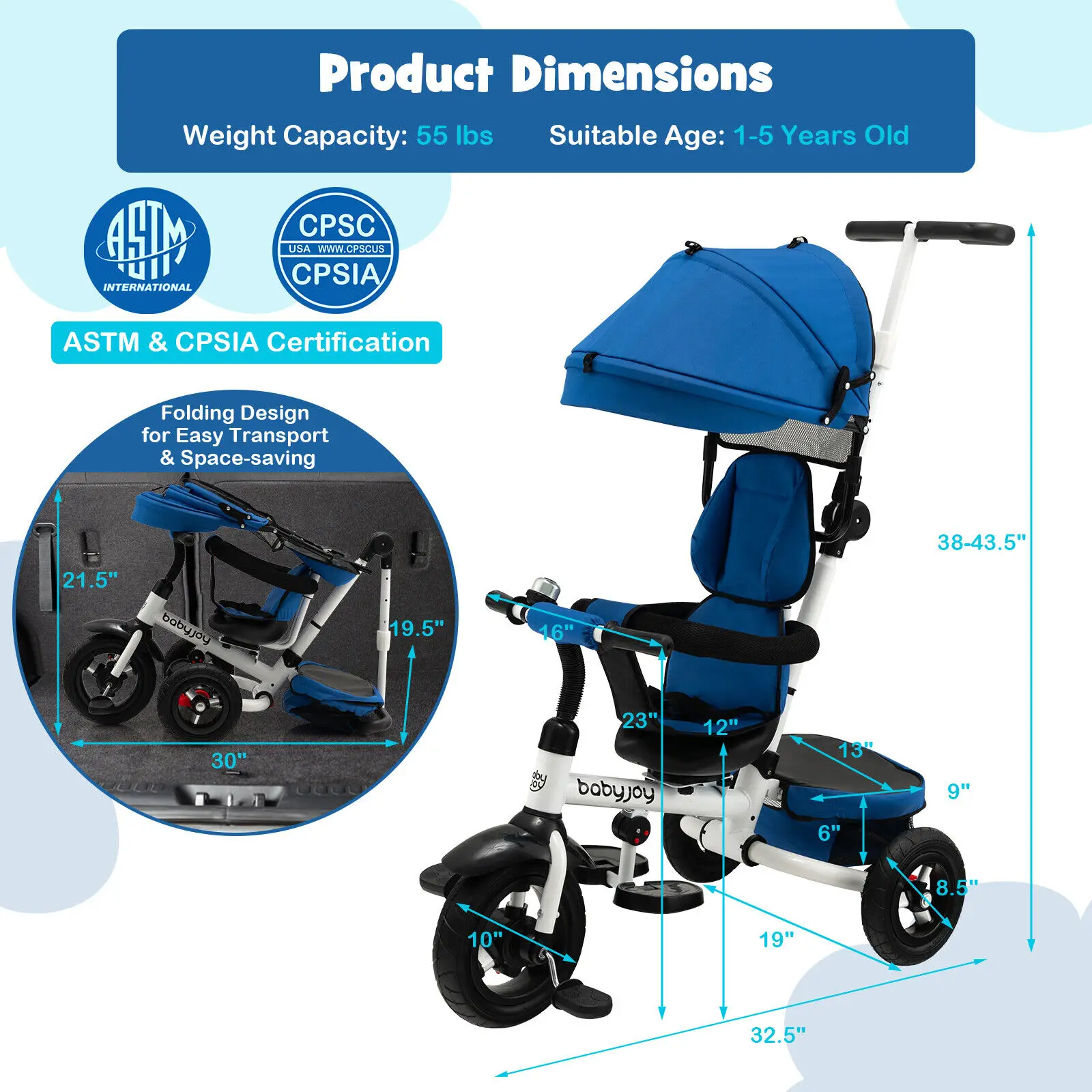 Babyjoy Baby Tricycle Folding Toddler Tricycle W/Reversible Seat Adjustable Canopy Blue