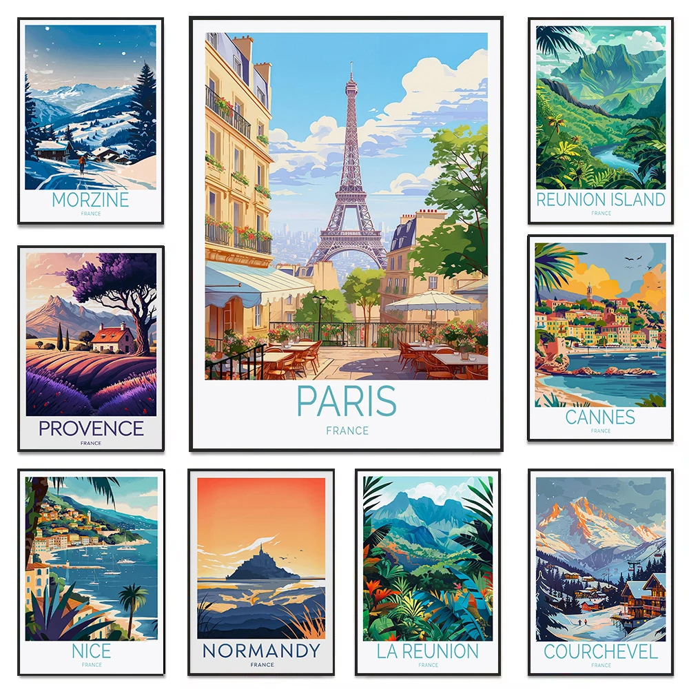 Retro France Travel Nice Paris Morzine Paris City Landscape Poster Canvas Painting Wall Art Picture Home Living Room Decor