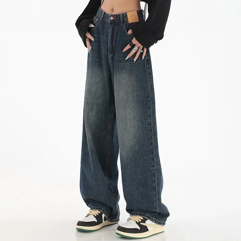 Woman High Waist Slim Fit Wide Leg Jeans Female High Street Y2k 2000s Casual Pants Lady Fashion Black Blue Loose Denim Trouserse